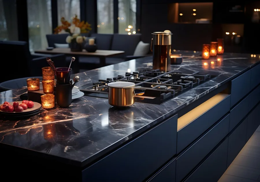 Gas cooktop set into a stone kitchen counter