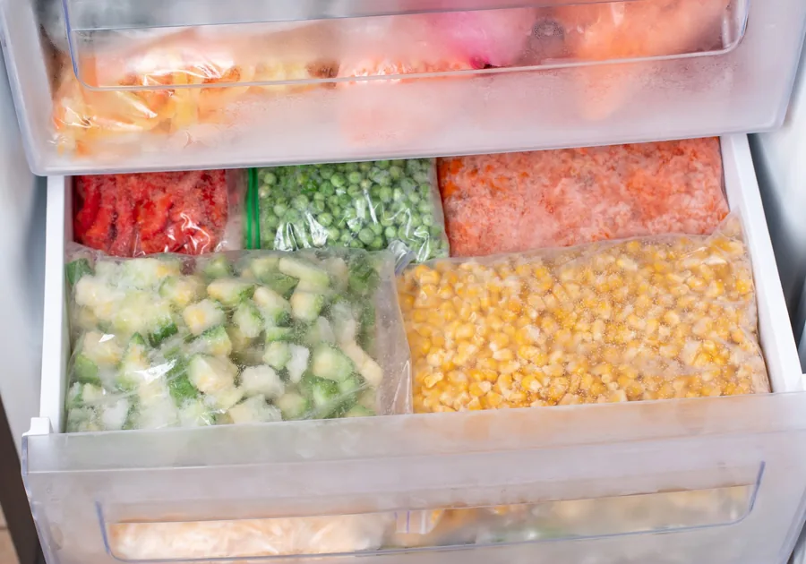 Upright freezer stocked with frozen food in a home utility room