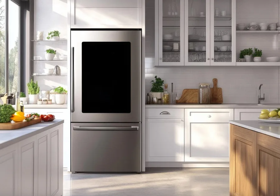 Stainless steel French door refrigerator in a bright fitted kitchen