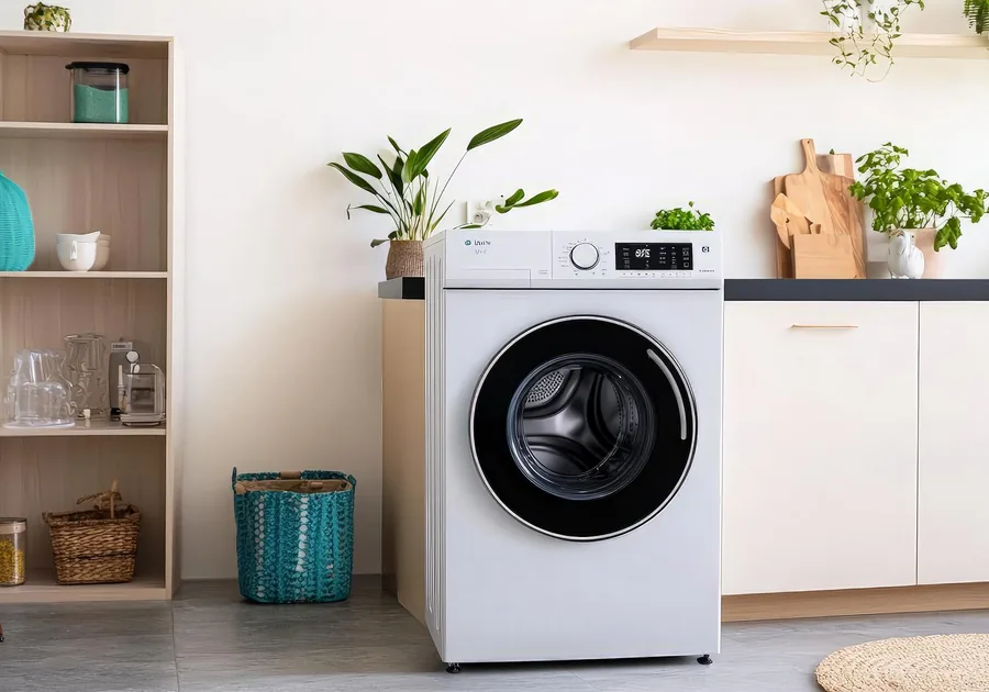 Front-load washing machine in a tidy home laundry room